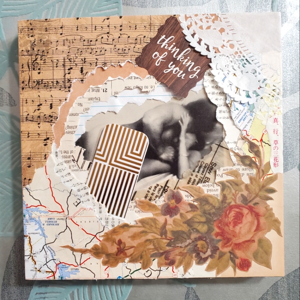 🙏 HAND CRAFTED collage art mixed media couple nude pink 8x8 square